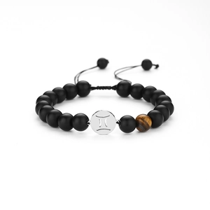Handmade Gemini zodiac beaded bracelet with black matte stones and tiger eye charm