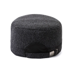 Men's wool blend flat top army cap in dark grey with adjustable metal buckle and warm earflaps