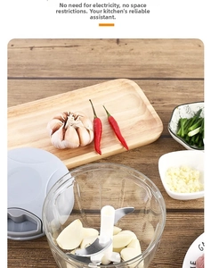 Macro view of manual food chopper with stainless steel blades and fresh garlic on wood surface
