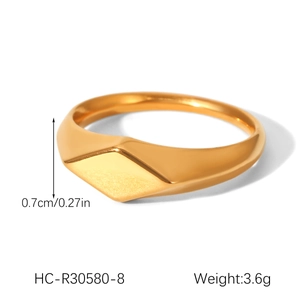 Detail view of 18k gold plated geometric ring showing 0.7cm width and 3.6g weight