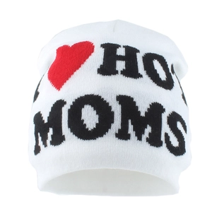 White knit beanie hat featuring red heart and I Love Hot Moms black letter jacquard