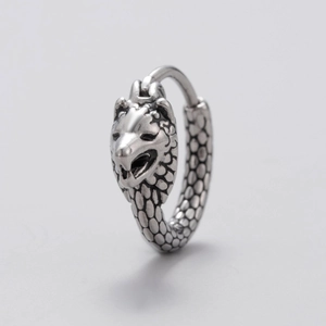 Punk style retro silver dragon head hoop earrings in polished stainless steel for men