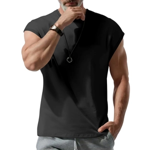 Detail view of men's casual sleeveless t-shirt in black featuring a classic crew neckline