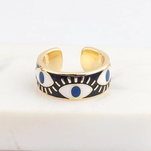 Detailed close-up of Evil Eye adjustable ring featuring colorful enamel and gold finish