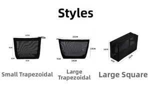Detailed size chart showing dimensions for black nylon mesh makeup bag three-piece set