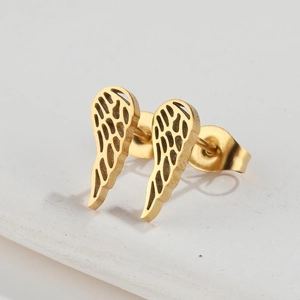 Retro golden angel wing stud earrings with hollow feather pattern in stainless steel