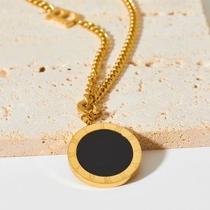 Golden stainless steel long sweater necklace featuring a black shell circular pendant