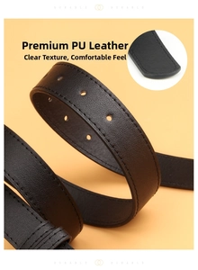 Detail view of durable black PU leather belt with fine grain texture and neat stitching