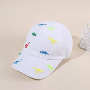 White cotton baseball cap with colorful dinosaur embroidery for kids, front view on beige background
