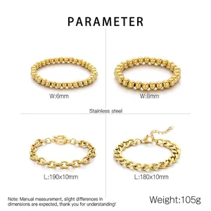 Detail view of 4-piece golden stainless steel bead and Cuban chain bracelet set dimensions