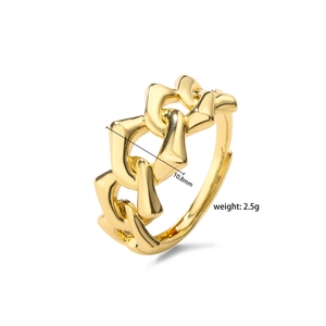 Polished brass chain style open ring in gold finish, 10.8mm width with a hip hop design