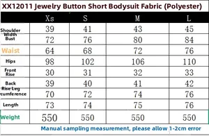 Detailed size chart for the jewelry-buttoned short jumpsuit with precise measurements