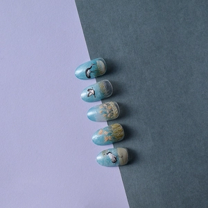 5D Chinese style crane and golden reed nail art stickers with blue gradient finish