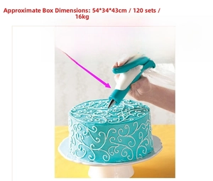 Manual cake decorating tool set with blue icing pen, piping bags and nozzles in detail