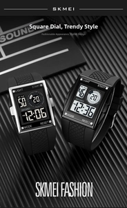 Detail view of SKMEI digital sport watches with square dials on a sleek black background