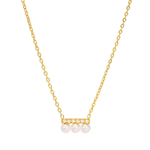 Elegant gold necklace with horizontal diamond bar and three white pearls on white background
