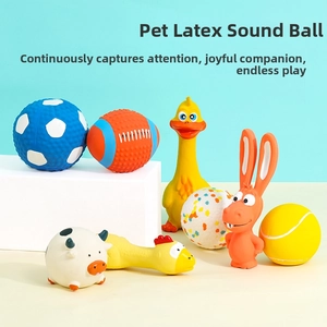 Variety of colorful latex squeaky toys for pets including football and cartoon animal shapes