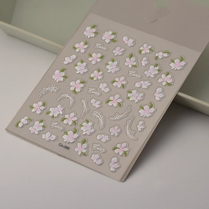 Detailed view of 3D embossed pink cherry blossom nail stickers with silver line art