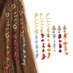 Bohemian Dreadlock Hair Accessories Natural Stone Pendants Gold Spiral Braid Rings Ethnic Retro Hairpins For Women Party Jewelry