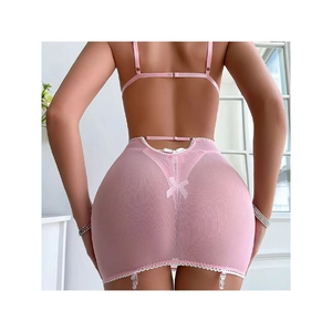 Rear view of pink mesh lingerie set featuring lace trim and a delicate back bow detail