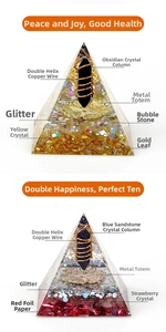 Detailed view of handmade Orgone energy pyramids with crystal stones and copper coils