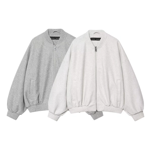 Women Bomber Jacket Woolen Fabric Stand Collar Zipper Casual Loose Fit Solid Color Outerwear Warm Coat