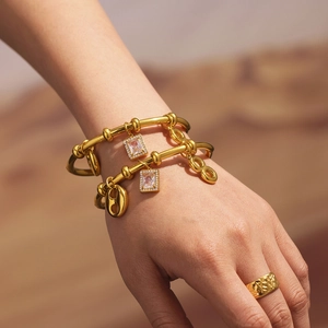18k gold plated stainless steel layered bracelets with zircon charms and wide embossed ring