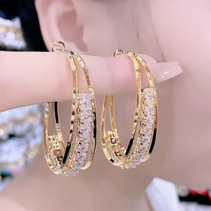 Chic multi-layered gold hoop earrings with sparkling crystal pavé for women