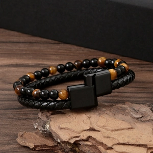 Men's double-layer tiger eye stone beads and braided leather bracelet with magnetic clasp
