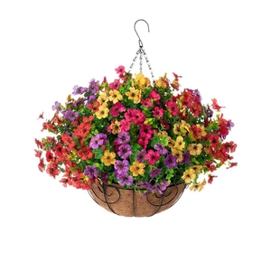Hanging basket with colorful artificial violet flowers and natural coco coir liner
