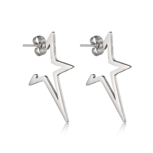 Close-up of minimalist stainless steel pentagram stud earrings with metallic texture