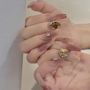 Luxury 3D Butterfly Rhinestone Gradient Brown Long Coffin Press On Nails Glitter Amber Gemstone Pearl Artificial Nails With Glue