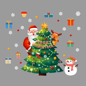 Detail of Christmas window clings featuring Santa, snowman and colorful gift box stickers