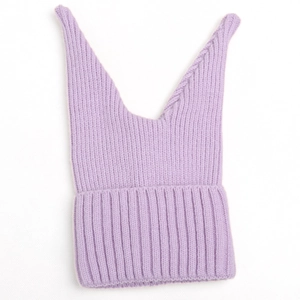 Detailed texture of lavender purple ribbed knit winter hood for children with ear flaps
