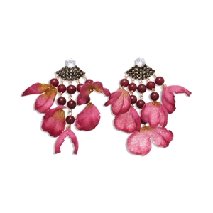 European vintage fan-shaped earrings with pink fabric petals and rhinestones on white background