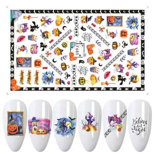 Detail of Halloween nail stickers with pumpkins and ghosts including white tip application