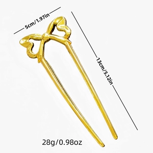 Golden U-shaped metal hair pin with bowknot, size 5x13cm and weight 28g for hair styling