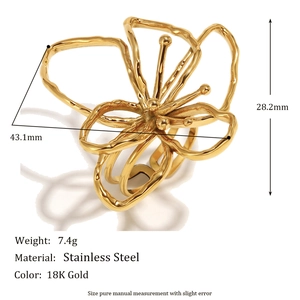 Artistic 18K gold plated stainless steel floral open ring with diagonal dimensions