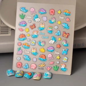 Autocollants Art Des Ongles Relief 5D Océan Animaux Marins Dessin Animé Dauphin Méduse Imperméable Autocollants Manucure