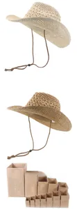 Détail du chapeau de cowboy en paille tressée avec mentonnière et boîte de protection