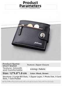 Close-up of black lychee grain leather wallet showing side zipper pocket and magnetic buckle