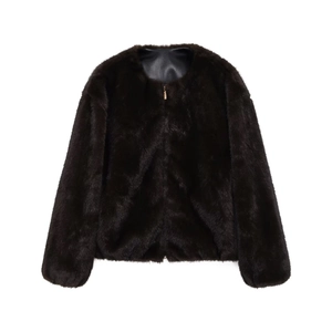 Women's dark brown faux fur bomber jacket with round neck and zipper closure