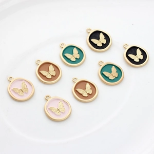Alloy butterfly round pendant charms with oil-drop enamel in four vintage colors