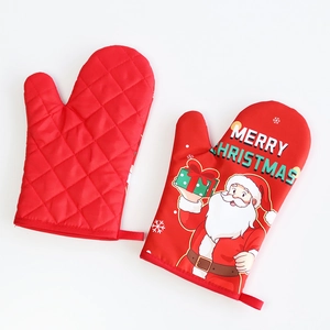 Christmas oven mitts set, heat resistant baking gloves with cute Santa print for kitchen cooking.
