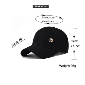 Detailed dimensions of black baseball cap with M logo including 7cm brim and 12cm depth