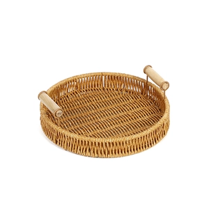 Handwoven round bread basket with wooden side handles for home storage and organization