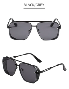 Detail of steampunk sunglasses with side shields and double bridge in black and grey