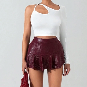 Women's white one-shoulder cutout long sleeve top and wine red faux leather skirt set