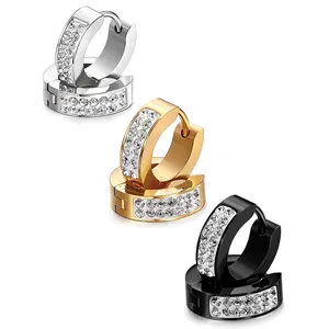 Polished stainless steel hoop earrings set with double row of clear cubic zirconia