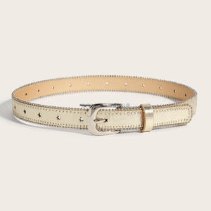 Close-up of golden children's belt with star cutouts and silver beaded edges